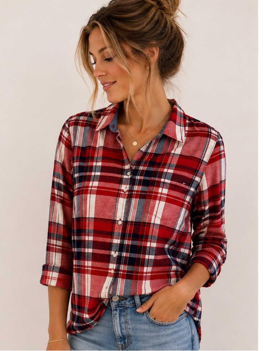 Tommy Hilfiger Women’s S Petite Plaid Flannel Shirt Red 100% Cotton Button Up